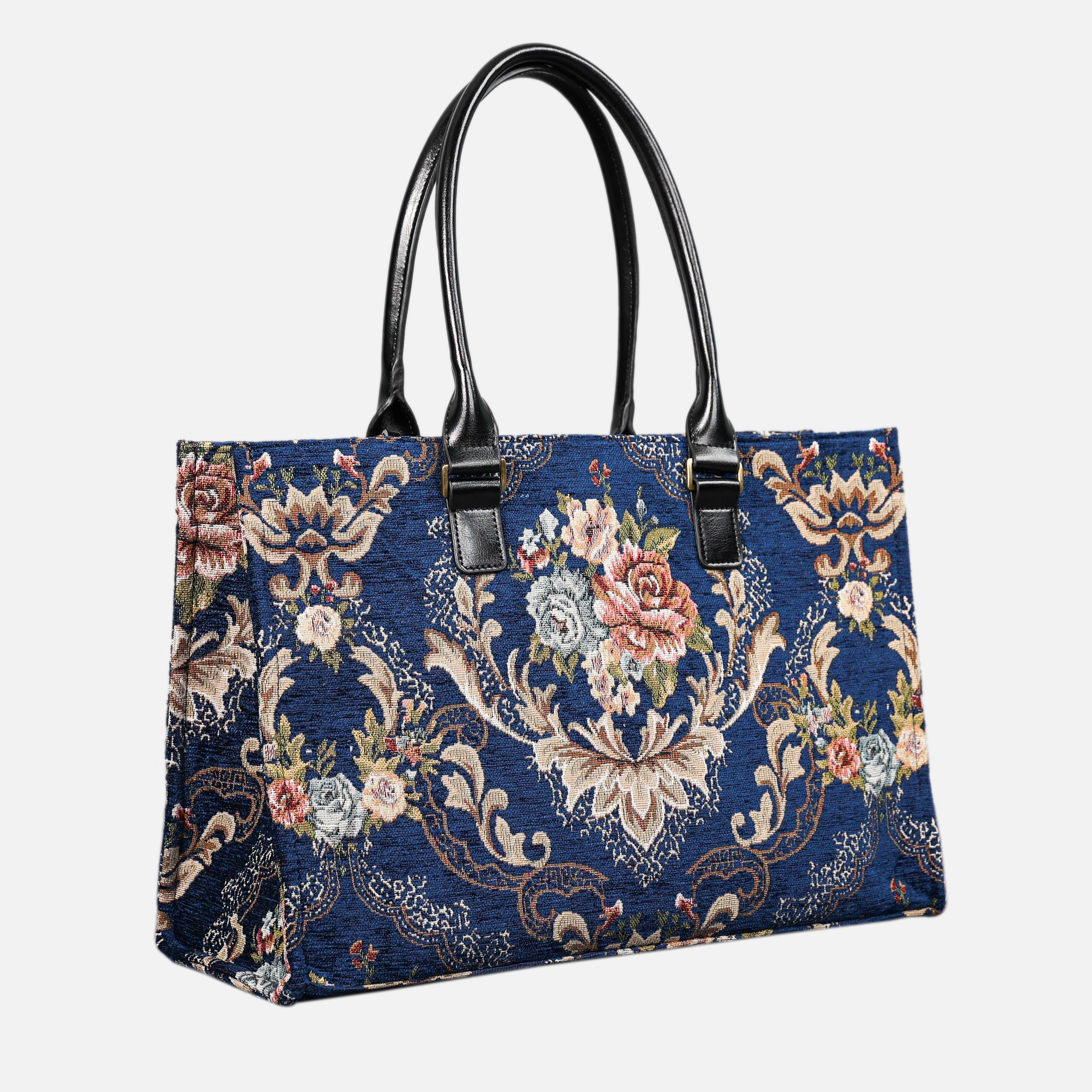 Navy Blue Rococo Floral Tapestry Structured Tote Bag