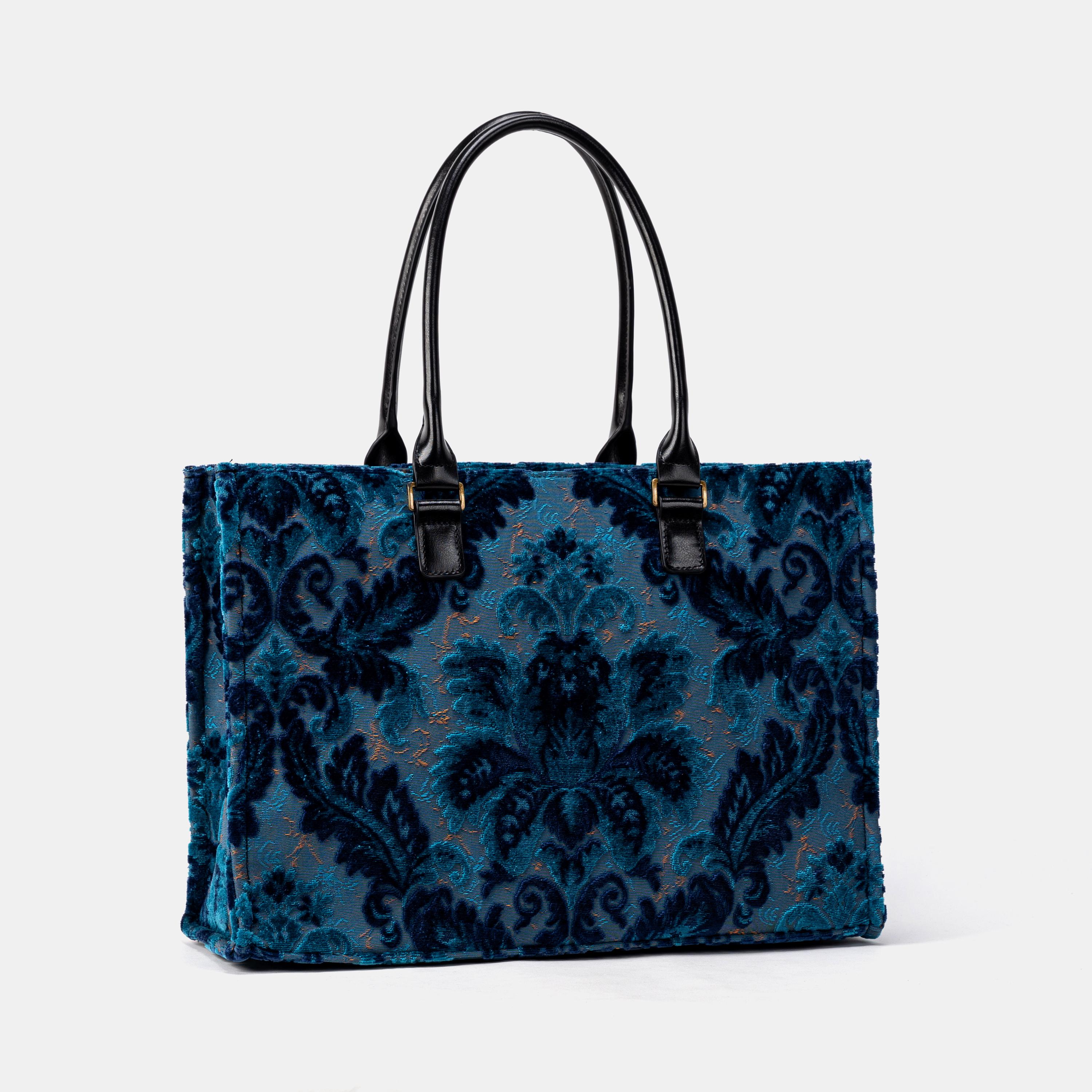 Teal Blue Velvet Damask Jacquard Structured Tote Bag