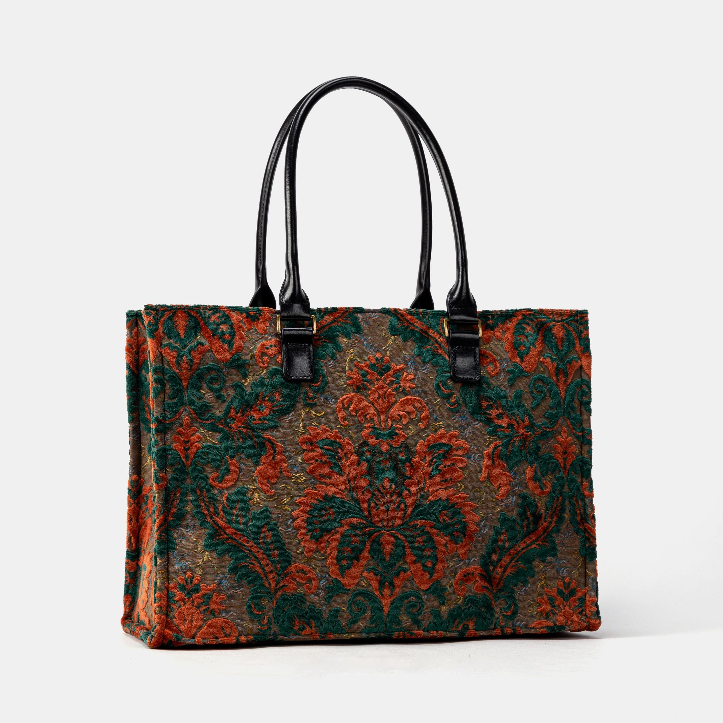 Rust Orange and Forest Green Damask Jacquard Structured Tote Bag