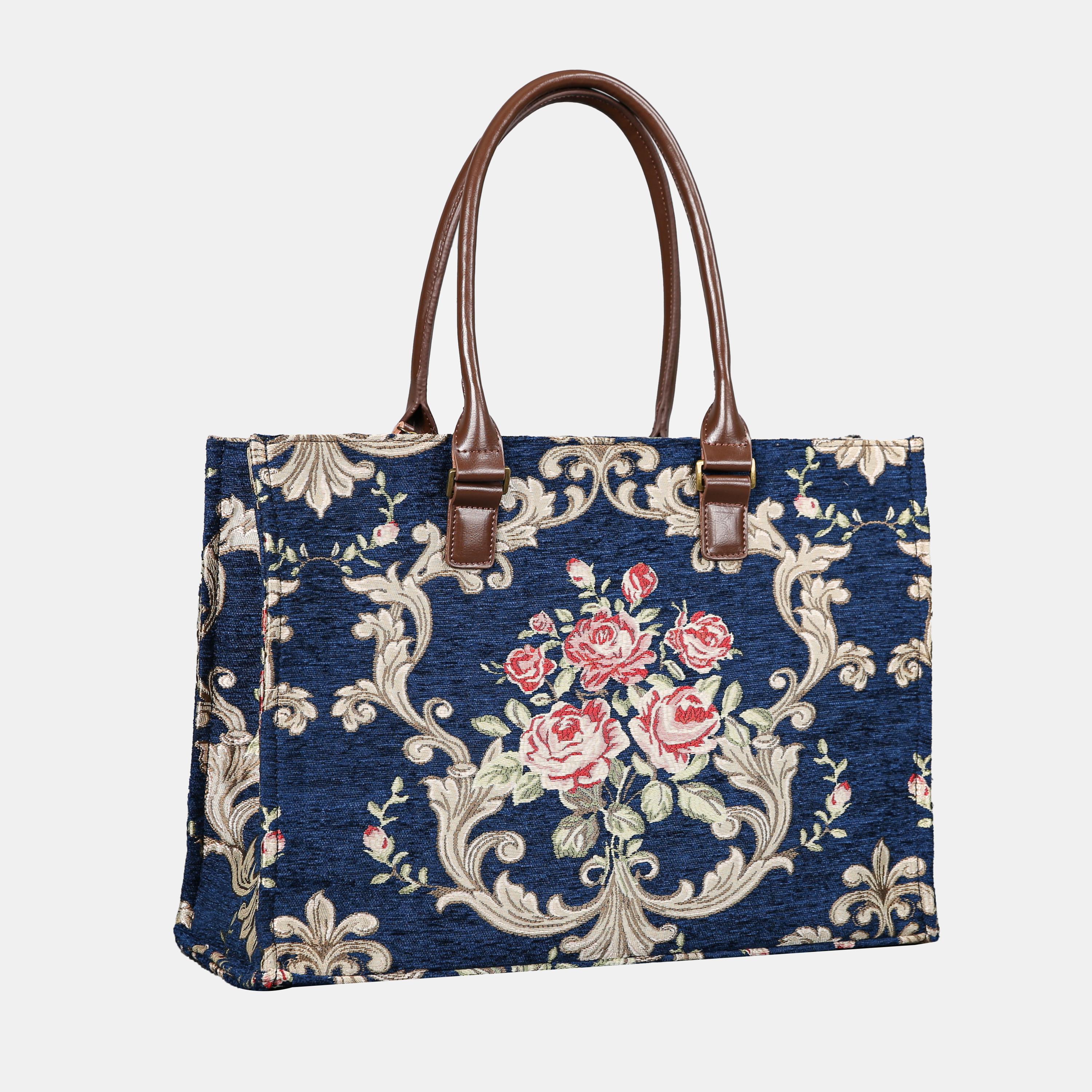 Navy Blue Baroque Rose Floral Tapestry Structured Tote Bag
