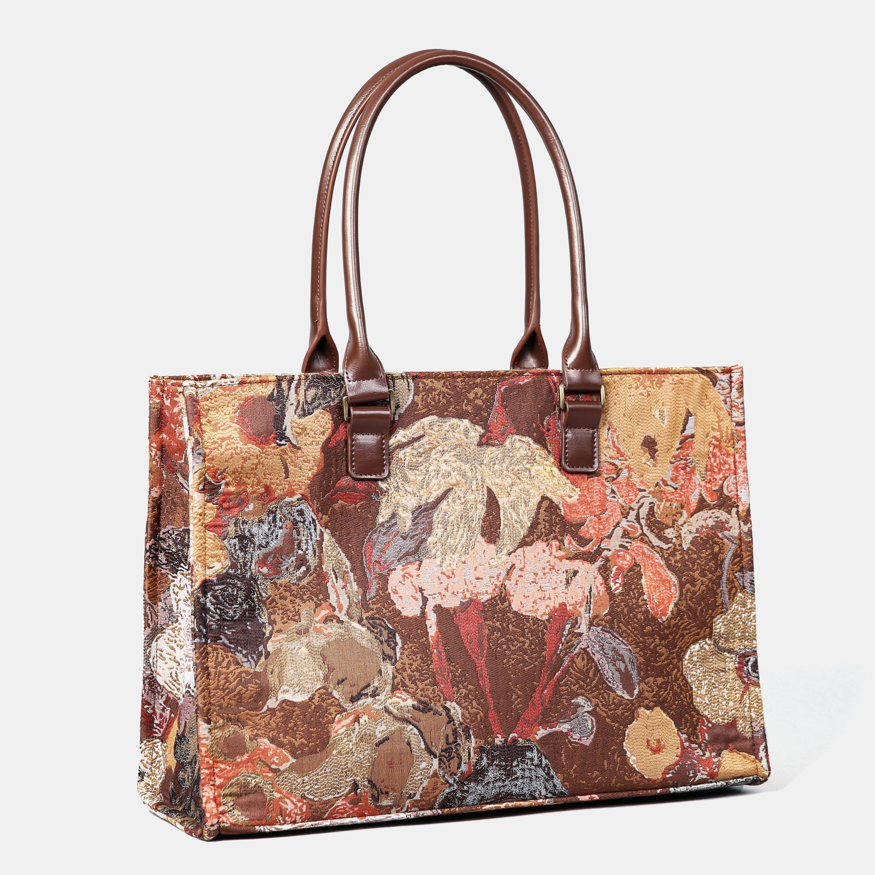 Brown Abstract Floral Tapestry Structured Tote Bag