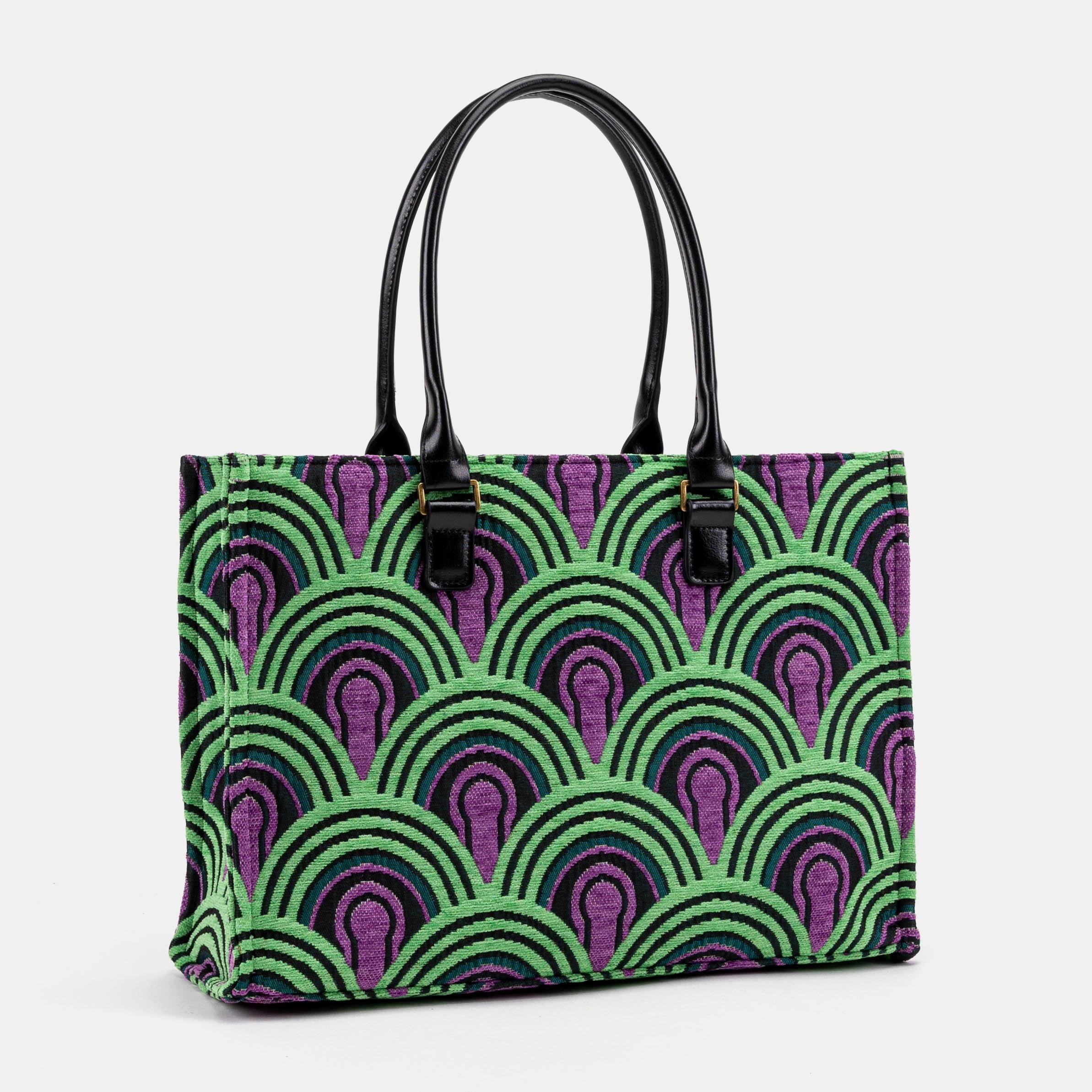 Green and Purple Art Deco Fan Pattern Structured Tapestry Tote Bag