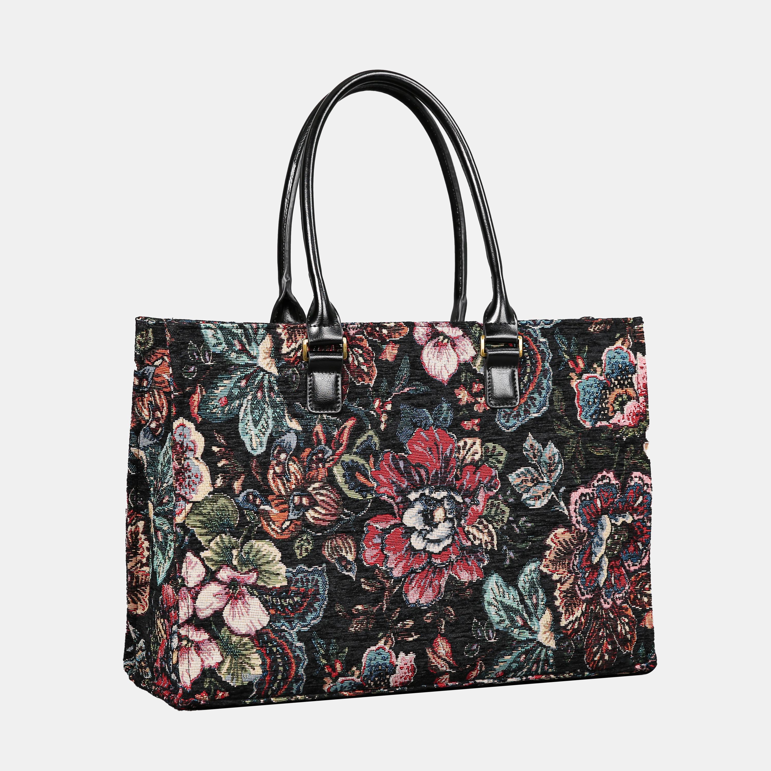 Black Multicolor Botanical Floral Tapestry Structured Tote Bag