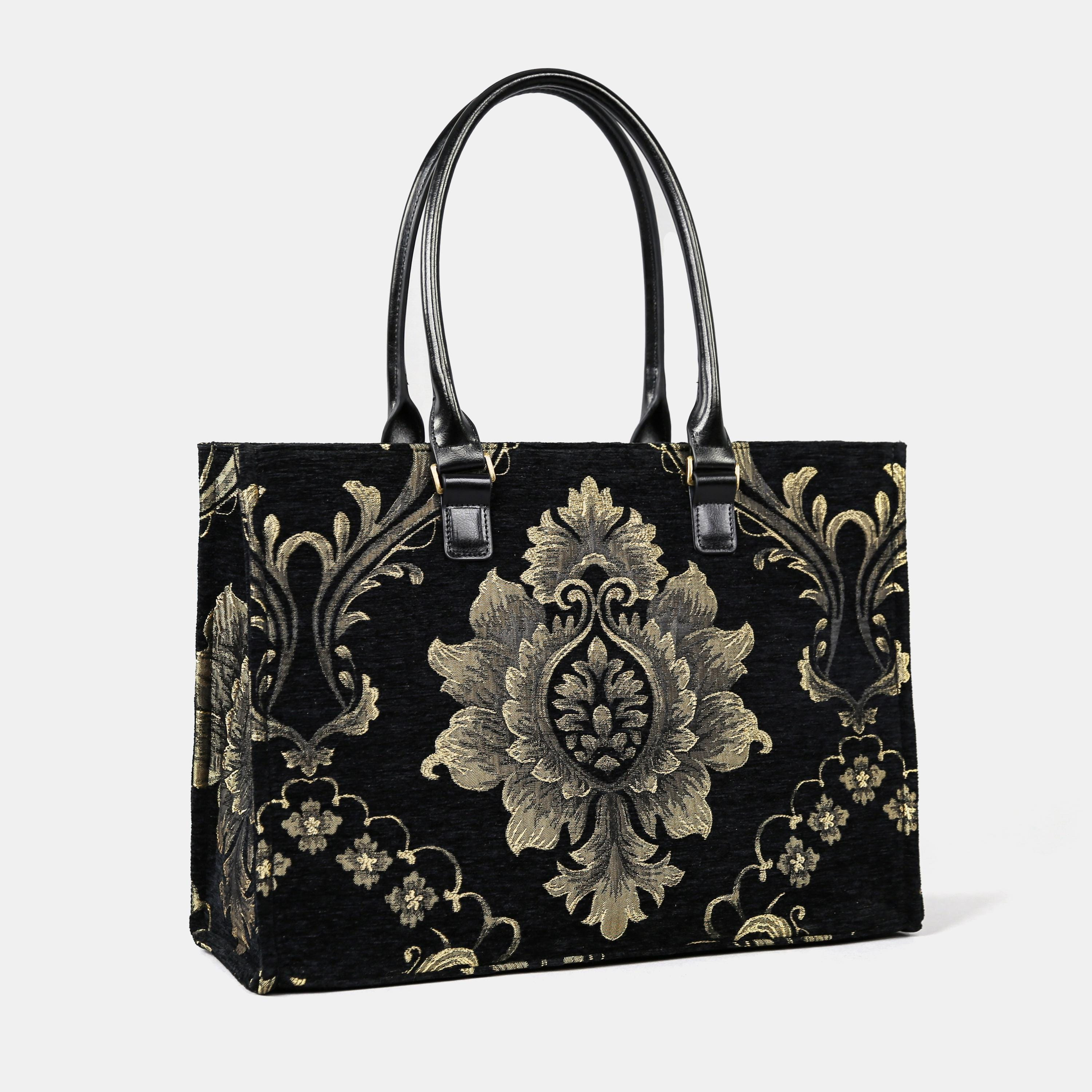 Black and Gold Baroque Floral Tapestry Structured Tote Bag