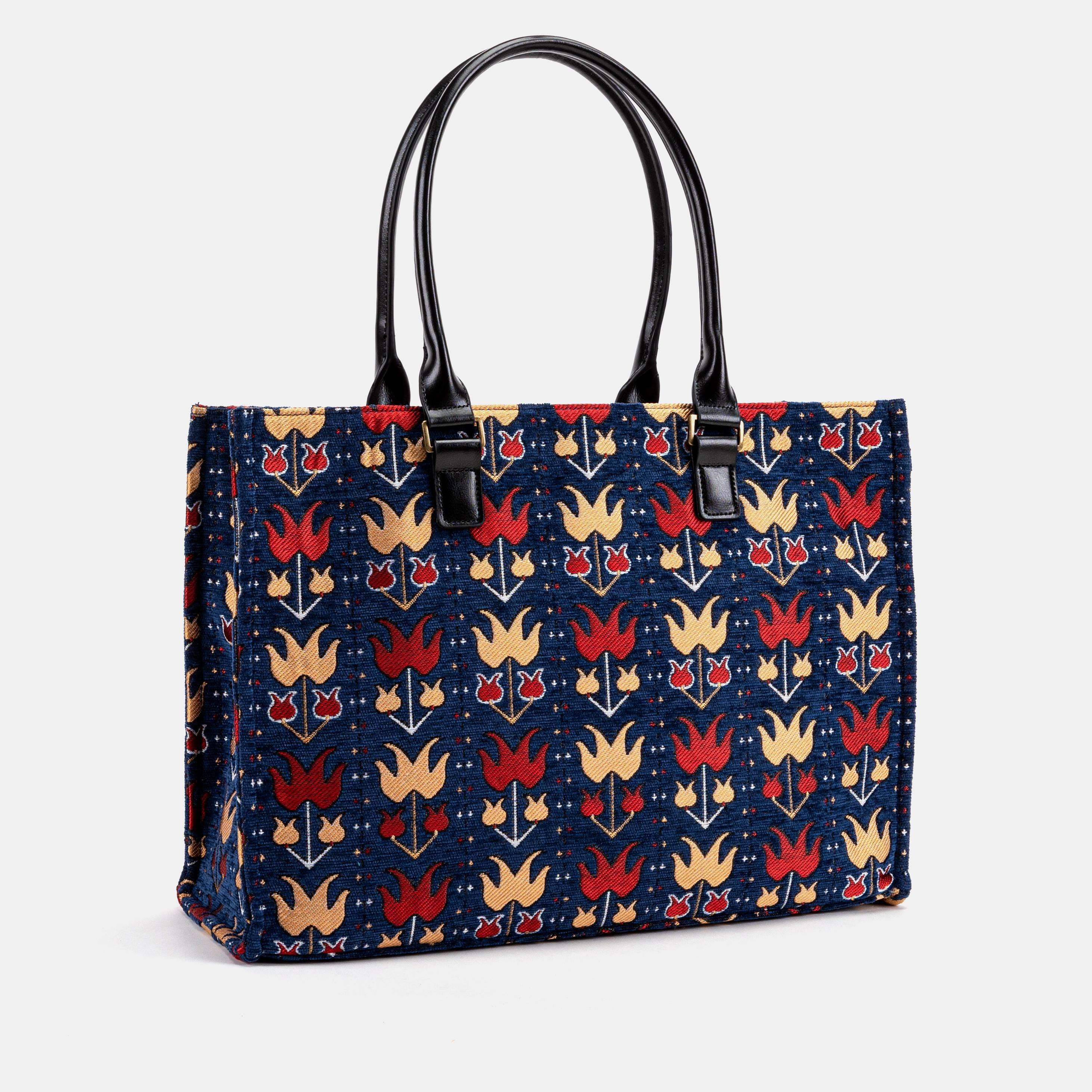 Navy Blue Folk Tulip Floral Tapestry Structured Tote Bag