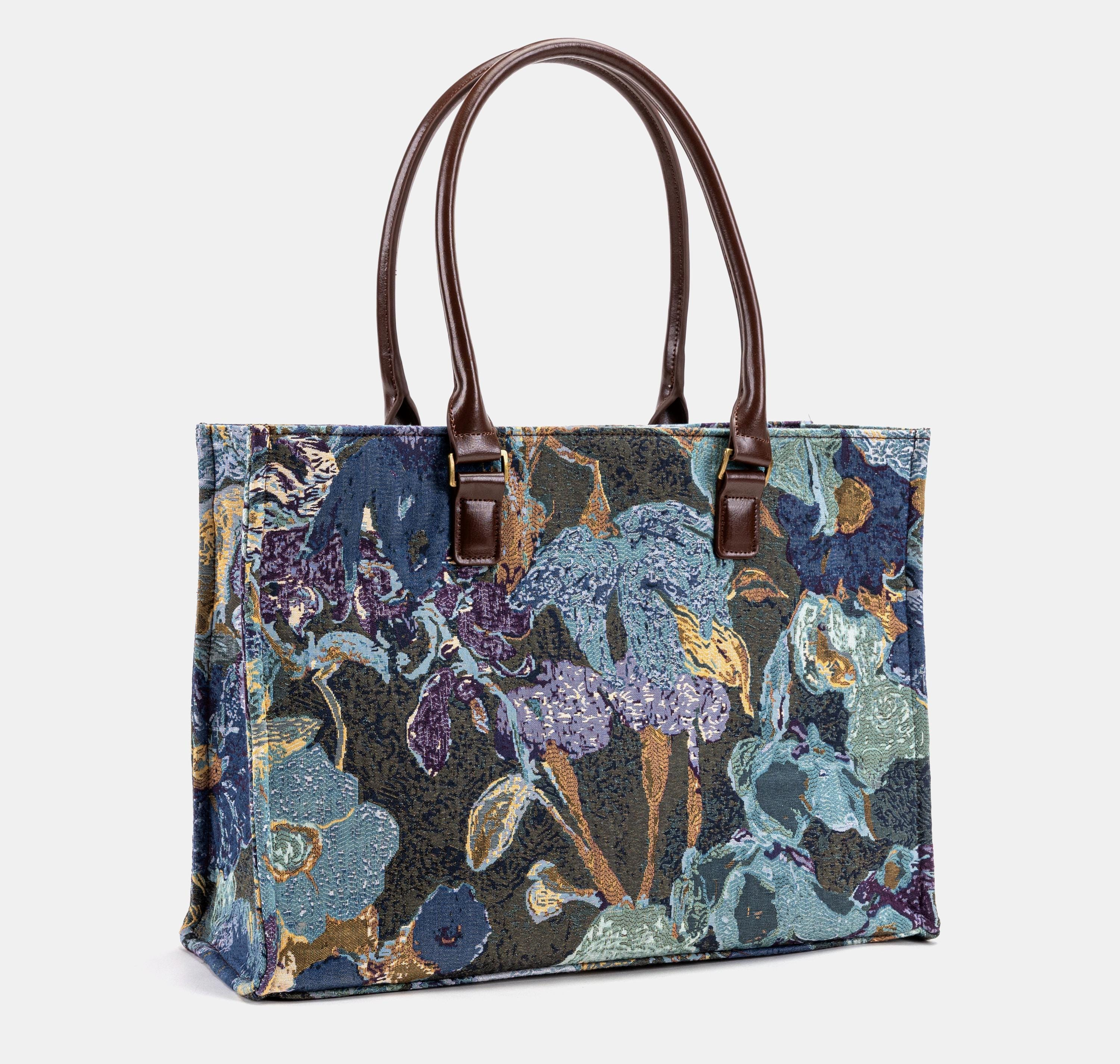 Blue Iris Abstract Floral Tapestry Structured Tote Bag