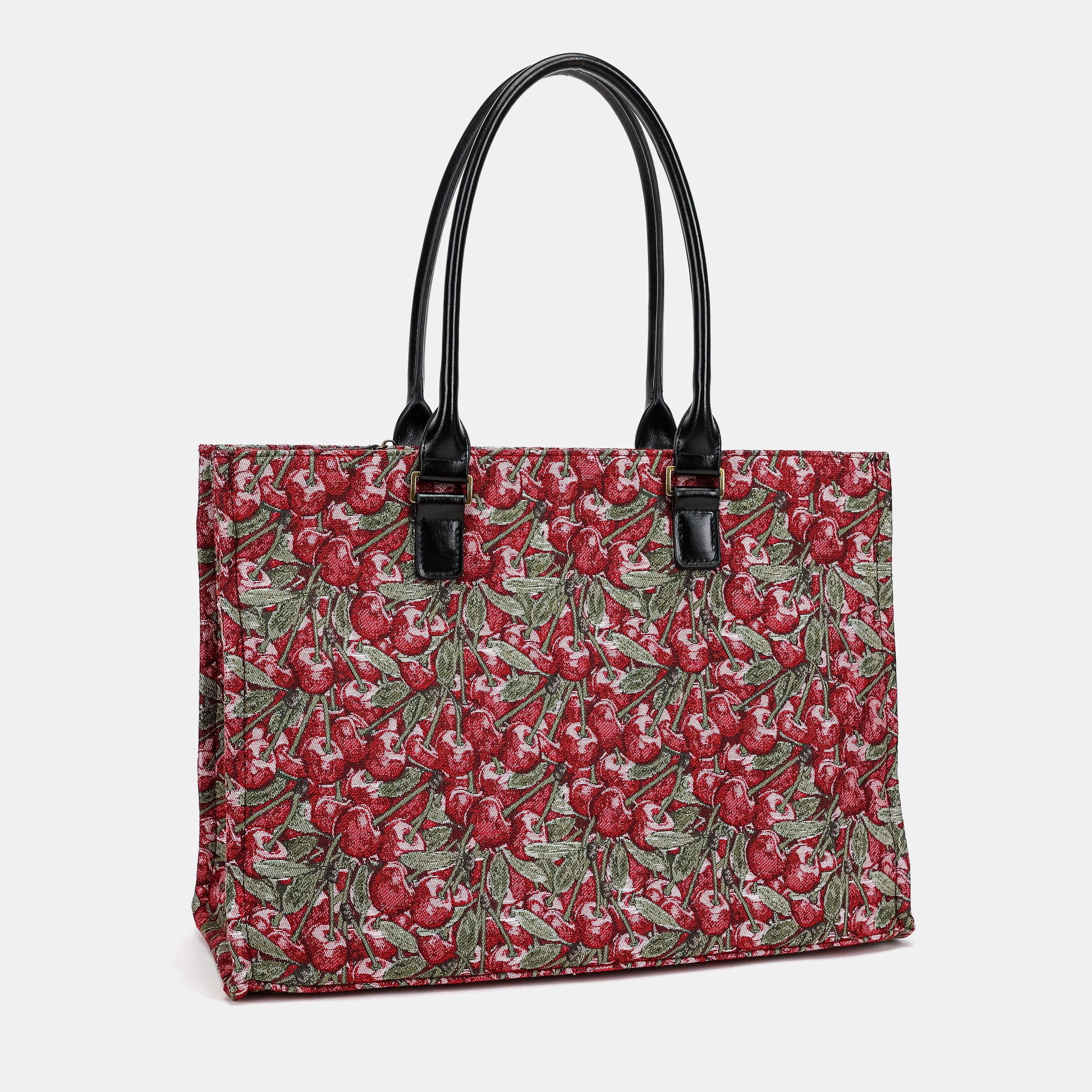 Red Cherry Botanical Tapestry Structured Tote Bag
