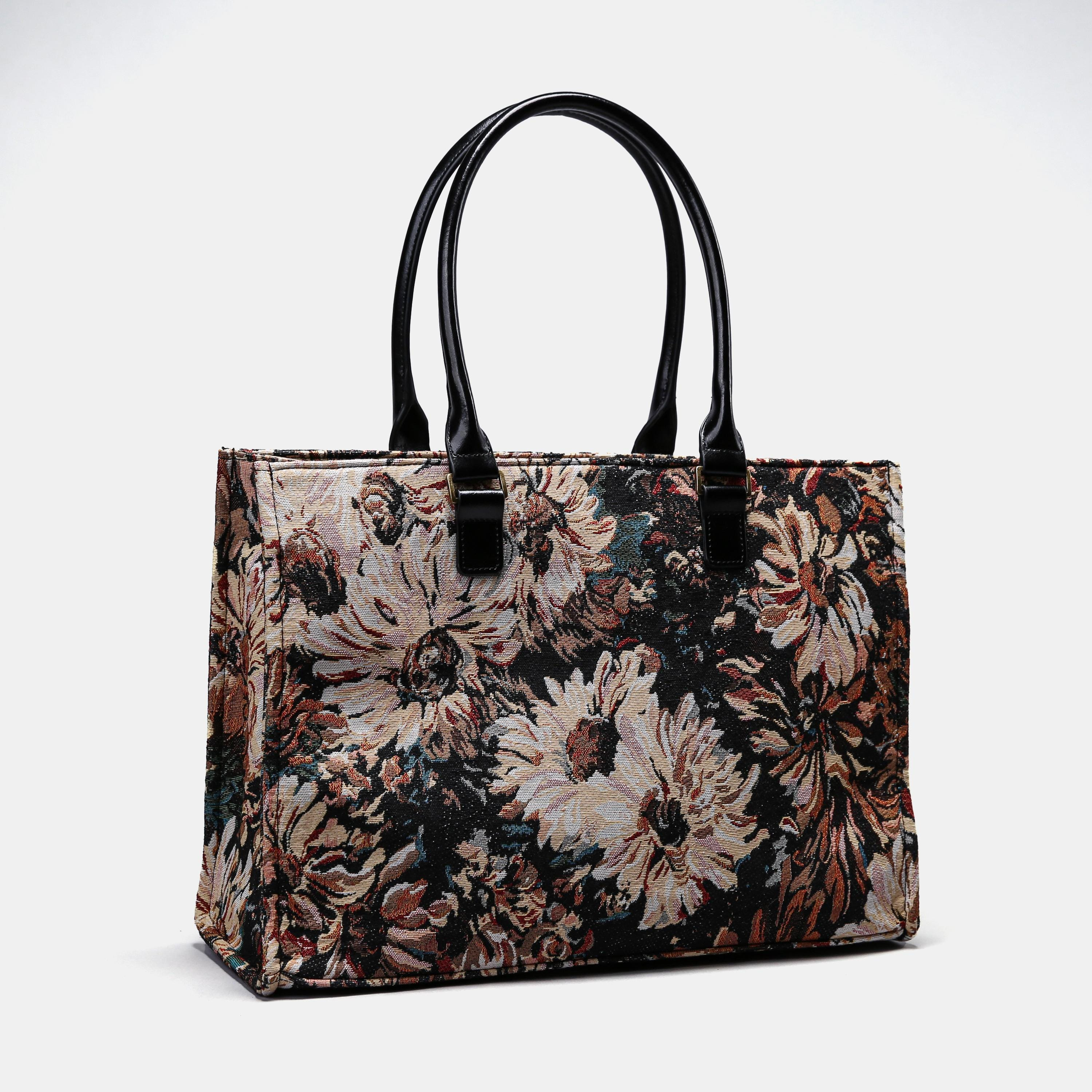 Black Vintage Daisy Floral Tapestry Structured Tote Bag